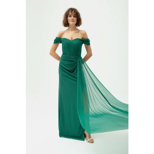 Lafaba Women's Emerald Green Underwire Corset Detailed Silvery Long Evening Dress