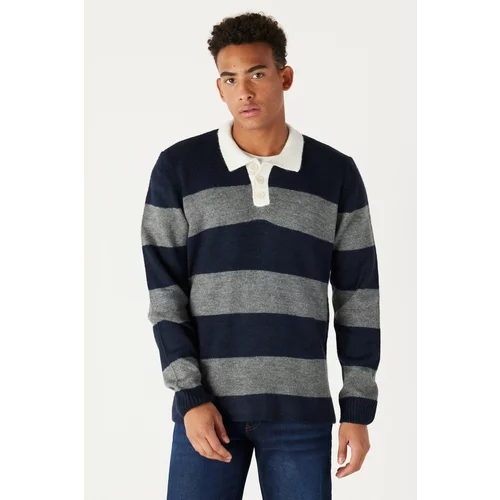 AC&Co / Altınyıldız Classics Men's Navy Blue-gray Standard Fit Regular Cut Polo Neck Striped Knitwear Sweater.