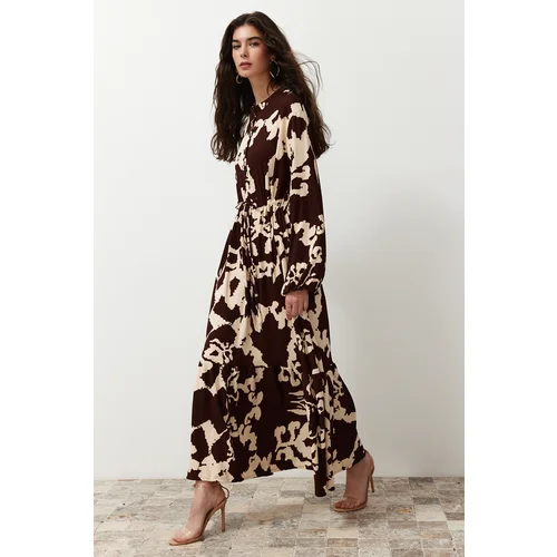 Trendyol Brown Big Flower Patterned Crinkle Woven Dress