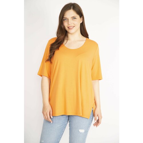 Şans Women's Orange Plus Size Front Two-Layer Short Sleeve Lycra Blouse Cene