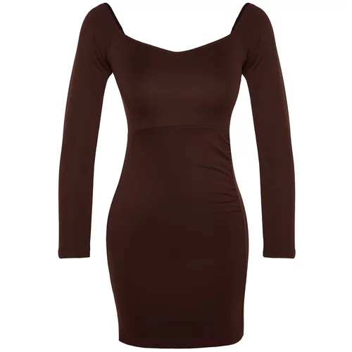 Trendyol Ottoman Brown Shirring Detailed Fitted Mini, Stretchy Knit Dress with Slit