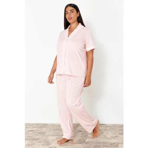 Trendyol Curve Pink Striped Shirt Collar Knitted Pajama Set