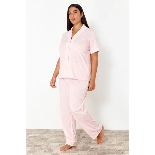 Trendyol Curve Pink Striped Shirt Collar Knitted Pajama Set