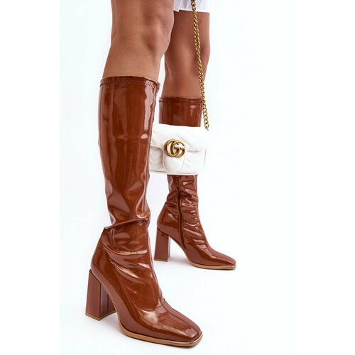 Kesi Patented knee-high heel boots, Newt Brown Slike
