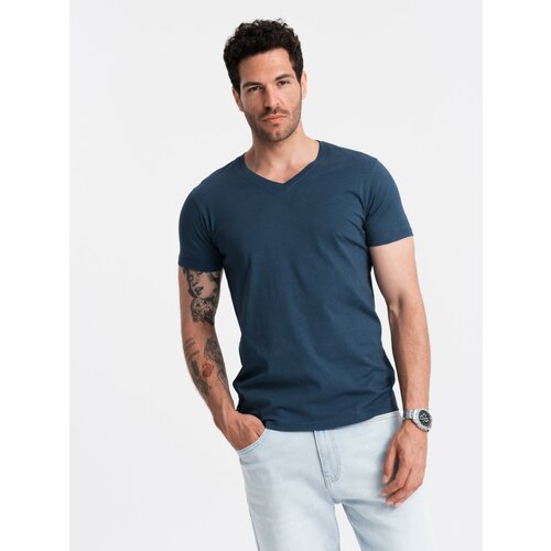 Ombre BASIC men's classic cotton T-shirt with a serape neckline - dark blue Slike