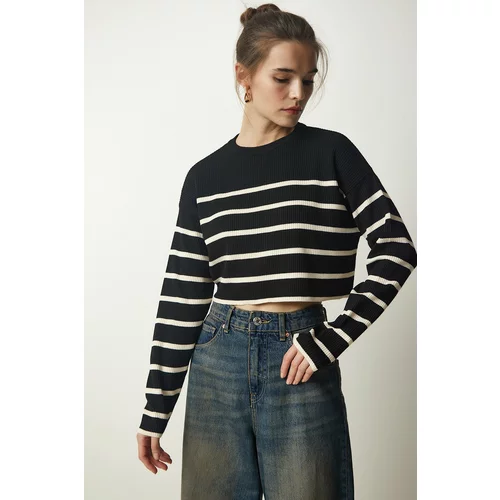 Happiness İstanbul Women's Black Ribbed Striped Crop Knitwear Sweater