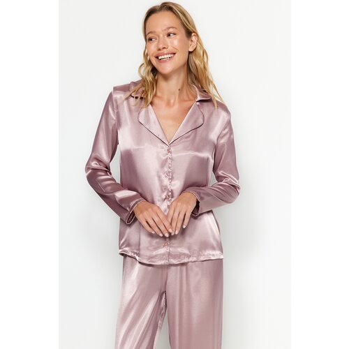 Trendyol Brown Satin Shirt-Pants Weave Pajamas Set Slike