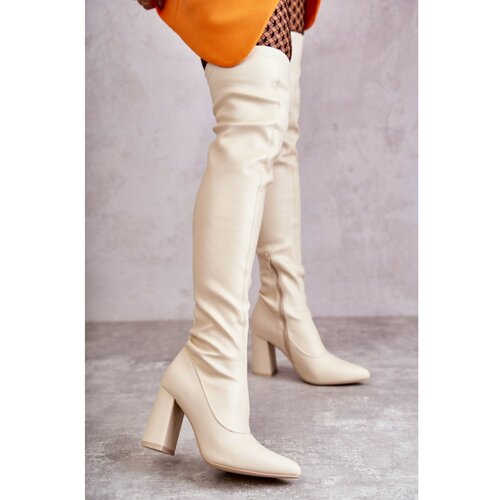 Kesi Leather High Heel Boots Beige Casto Slike