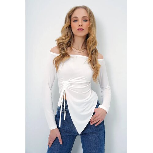 Trend Alacati Stili Ženska bluza dugih rukava Alc-X13458, Brod izrez, Bela Cene