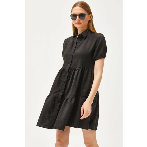 Olalook Women's Black Pieced Linen Content Shirt Dress Cene