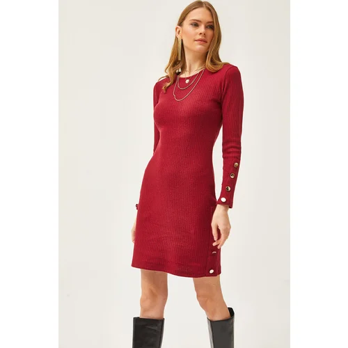 Olalook Women's Burgundy Cuff and Skirt Button Detailed Raised Mini Dress