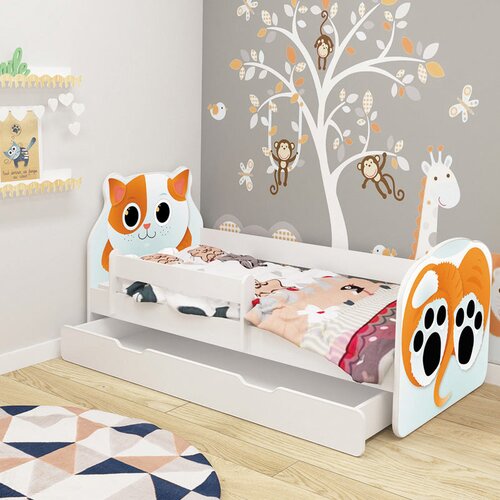  Dječji krevet ACMA Animals, bočna bijela + ladica 140x70 cm 02 Mačka Cene
