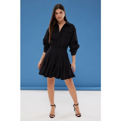 Trendyol Black Mini Woven Dress with Flounce Detail and Opening Skirt at the Waist