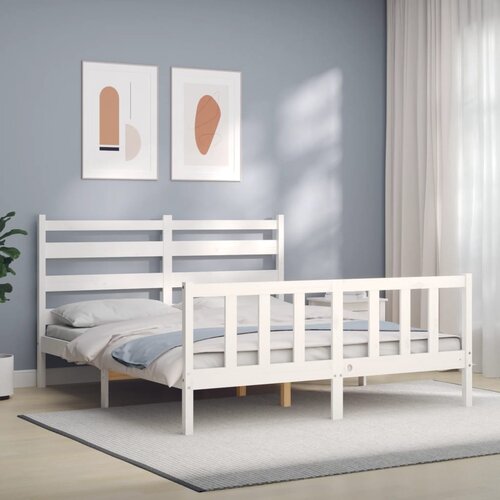 The Living Store Posteljni okvir z vzglavjem bel 160x200 cm trden les - Posteljni Okvir, (21526298) Slike