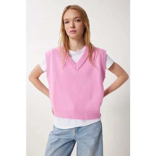 Happiness İstanbul Women's Pink V Neck Knitted Sweater