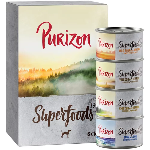 Purizon Varčno pakiranje Superfoods 12 x 140 g - Mešano pakiranje (4x piščanec, 4x tuna, 2x divji prašič, 2x divjačina)