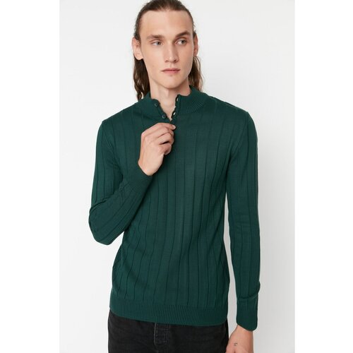Trendyol Emerald Green Men's Fitted Slim Fit Buttoned Pops Half Turtleneck Basic Knitwear Sweater Cene