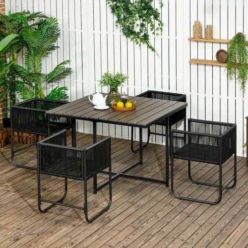 Outsunny 5-delni set vrtnega pohištva iz ratana iz PE in jekla, 4 zunanji stoli z oblazinjenimi blazinami in pravokotna miza s plastičnim vrhom, črna in siva, (20754263)