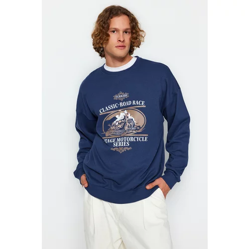 Trendyol Indigo Men's Oversize/Wide Cut Motorcycle Printed Fleece Inner Sweatshirt