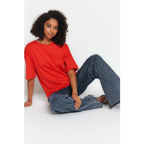Trendyol Red 100% Cotton Stone Detailed Relaxed/Wide, Comfortable Cut Crewneck Knitted T-Shirt