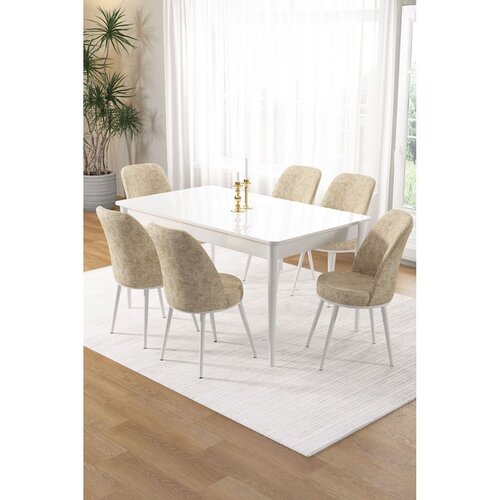 Hanah home trpezarijski set Pir, sto i 6 stolica, bela ploča, krem tkanina Babyface Cene