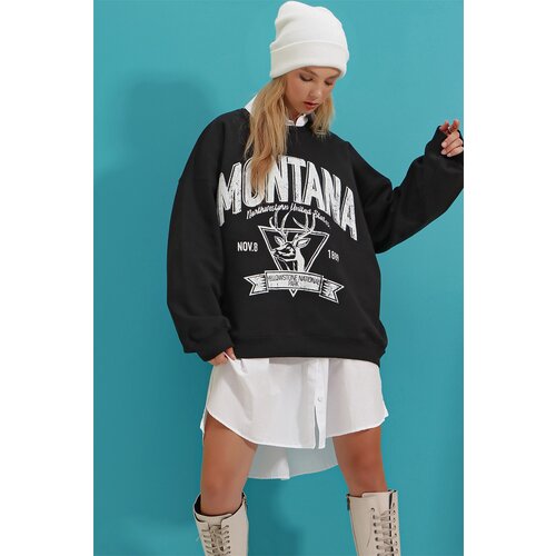 Trend Alaçatı Stili Women's Black Hooded Letter Printed Fleece Collegiate Sweatshirt Cijene