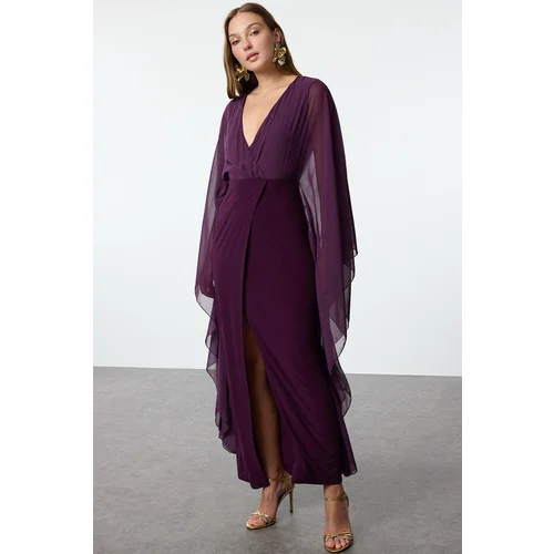 Trendyol Plum Sleeve Detailed Chiffon Long Evening Dress