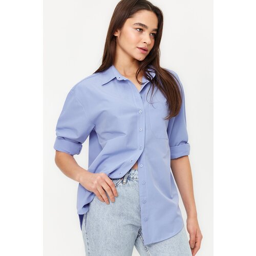 Trendyol Sky Blue Single Pocket Boyfriend Woven Cotton Shirt Slike