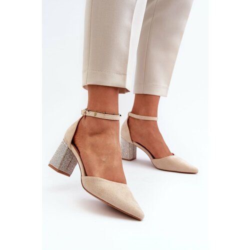 Kesi Beige pumps made of eco suede with an embellished heel by Anlitela Cene