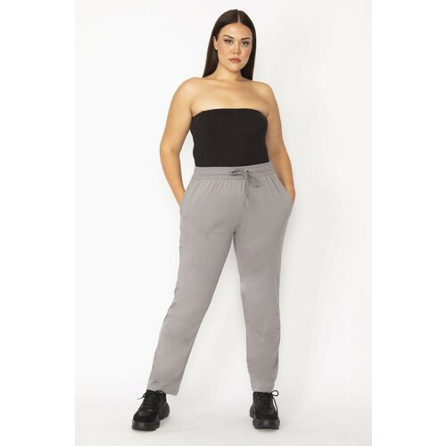 Şans Women's Plus Size Gray Sports Trousers with Elastic Waist And Slip Eyelets Detailed Pockets Slike