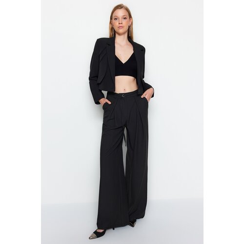 Trendyol Black Wide Leg Woven Trousers with Pile and Cord Detail Slike