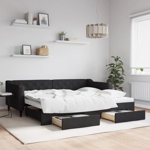 VidaXL Izvlečna dnevna postelja s predali črna 90x200 cm blago Slike