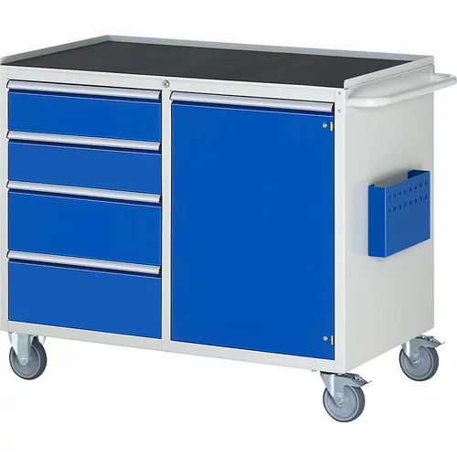RAU Kompaktne delovne mize, pomične, 4 predali, 1 vrata, kovinska polica z gumijasto oblogo, svetlo siva / encijan modra