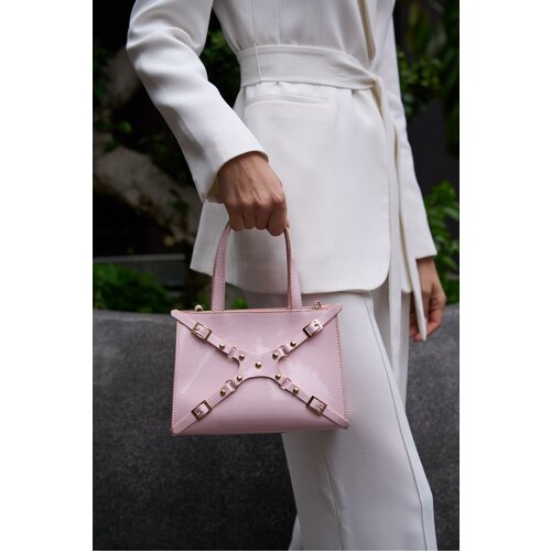 Madamra Candy Pink Patent Leather Women's Stapled Mini Tote Hand And Shoulder Bag Cene