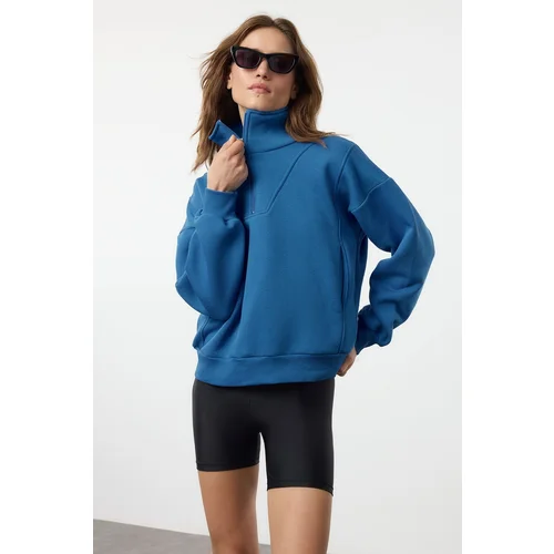 Trendyol Saks Oversize/Wide Fit Zippered Stand-Up Collar Thick Inside Fleece Knitted Sweatshirt