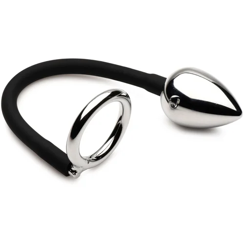 Master Series XR Brands - Tug + Plug Cock & Ball Ring with Anal Plug - Black & Silver