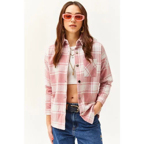 Olalook Women's Ecru Pale Pink Single Pocket Thick Plaid Lumberjack Shirt