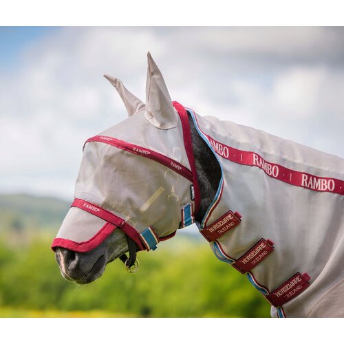 Horseware Ireland Maska proti insektom Rambo Plus Flymask, Oatmeal/Cherry, Peach &amp;amp; Blue - Horse Slike