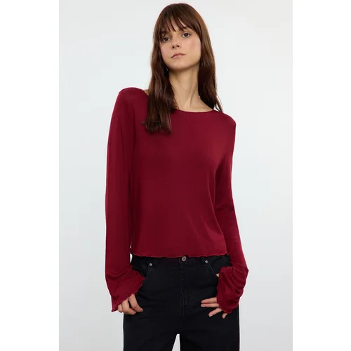 Trendyol Claret Red Boat Neck Regular Fit Crop Knitted Blouse