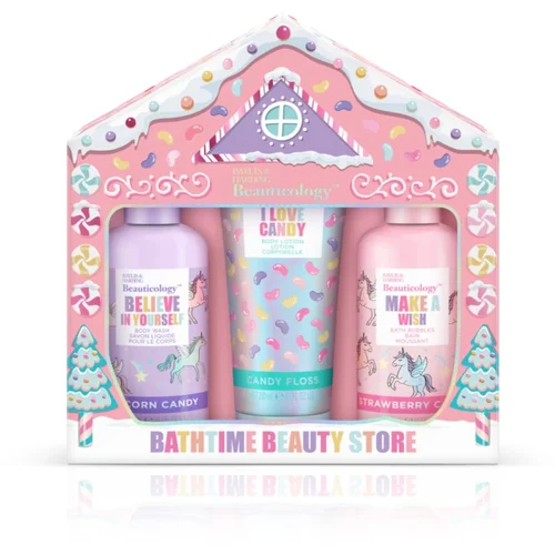 Baylis & Harding Beauticology Bathtime Beauty Store set: pena za kopel Make A Wish 300 ml + gel za prhanje Believe In Yourself 300 ml + losjon za telo I Love Candy 200 ml za otroke