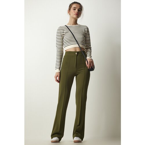 Women's Khaki High Waist Lycra Casual Knitted Trousers Slike