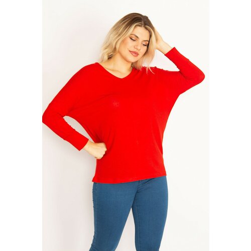 Şans women's plus size red v-neck bat sleeve blouse Slike