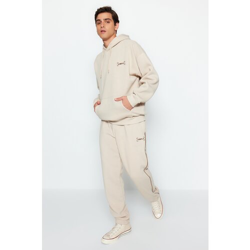 Trendyol Stone Men&amp;#039;s Oversized Hoodie. Elastic Legs, Embroidery Welding, and Soft Pile Cotton Tracksuit Set. Slike