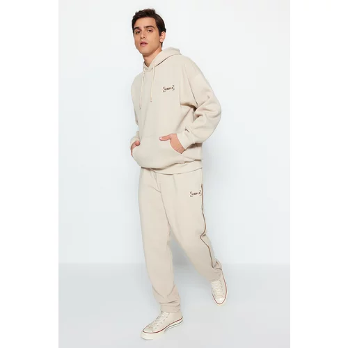 Trendyol Stone Men's Oversized Hoodie. Elastic Legs, Embroidery Welding, and Soft Pile Cotton Tracksuit Set.