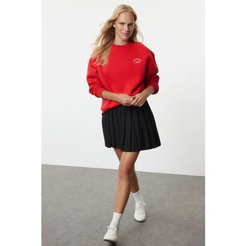 Trendyol Red Slogan Embroidered Oversize/Wide Fit Thick Inside Fleece Knitted Sweatshirt