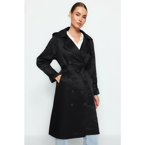 Trendyol Black Oversized Belted Long Trench Coat with Piping Detailed, Water-repellent