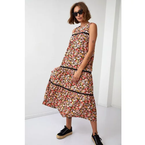 Fasardi Trapezoidal summer dress with flowers in black and orange