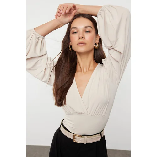 Trendyol Stone Double Breasted Gathering/Drape Detailed Long Sleeve Stretchy Knitted Blouse