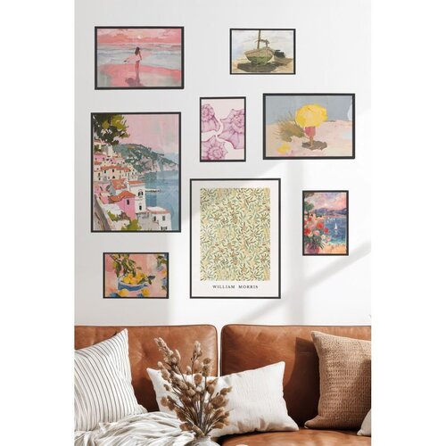 Wallxpert set od 8 uramljenih slika Çgs-060, mediteranski motivi u pastelnim tonovima – primorski grad, limuni, školjke i šara williama morrisa, crni ram Cene