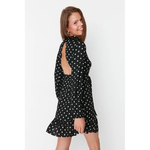 Trendyol Black Ruffled and Low Back Printed Ribbed Knitted Dress